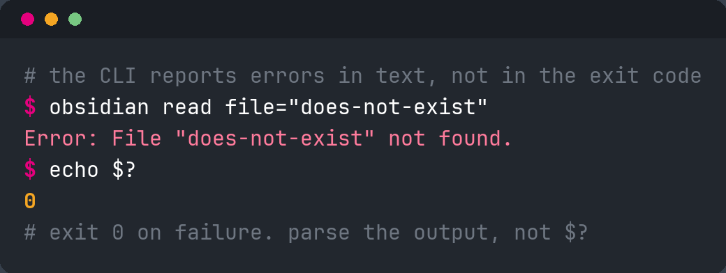A missing file errors in the text, but the command still exits 0.