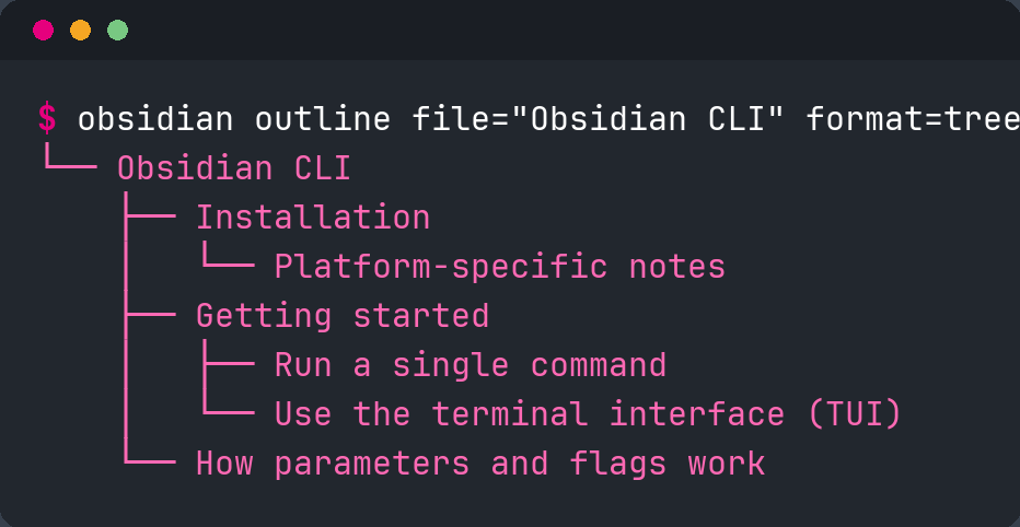 `obsidian outline file="..." format=tree` prints a note's heading structure straight to the terminal.