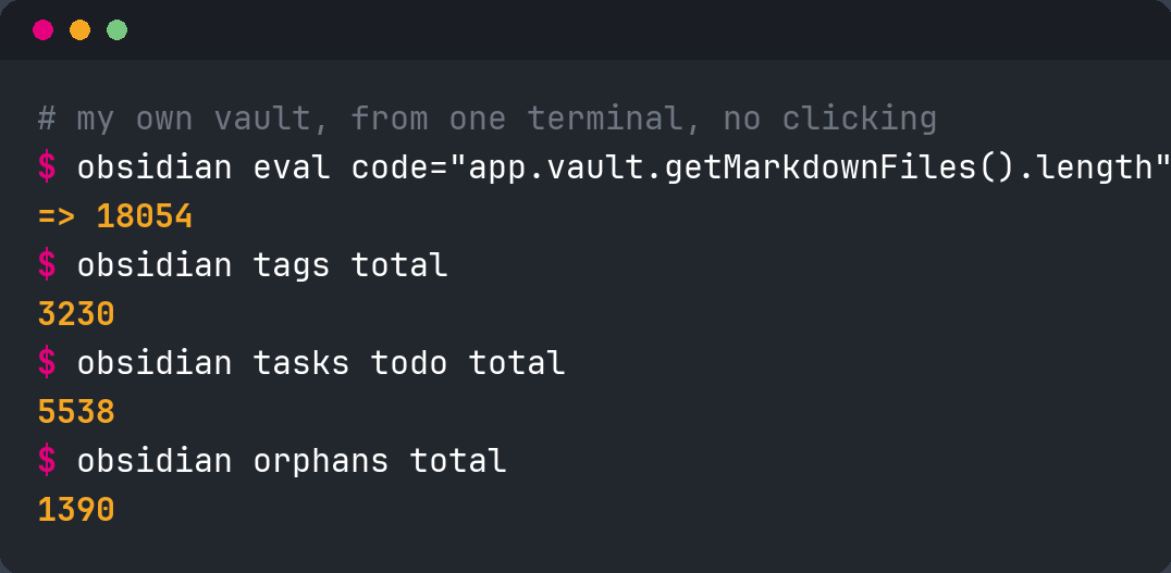 Real output from my own vault, live. The CLI reads the whole thing as fast as it edits it.