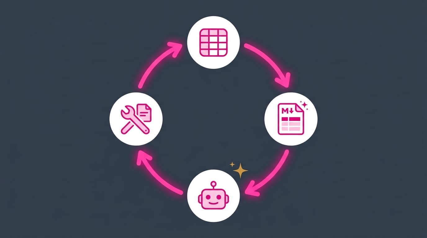 The virtuous loop: the schema makes metadata reliable, reliable metadata makes AI useful, and AI maintains the metadata