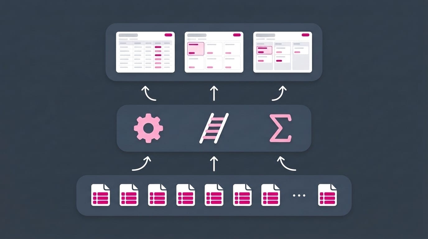 The full stack: typed properties as the schema, status ladders and formulas as the logic, Bases and Kanban views as the interface