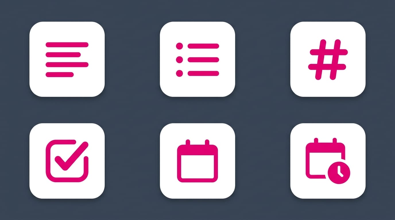 The six property types: Text, List, Number, Checkbox, Date, and Date & time