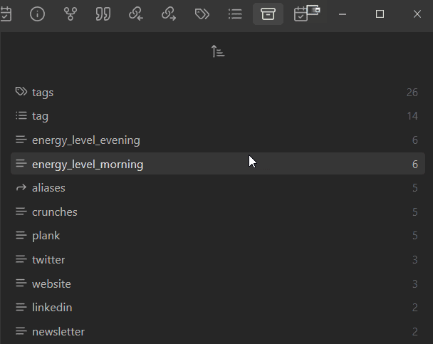 The All properties pane, listing every property across the vault