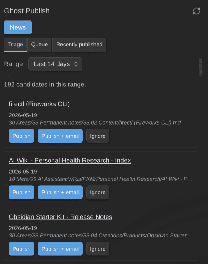 Selecting notes to publish as Ghost posts