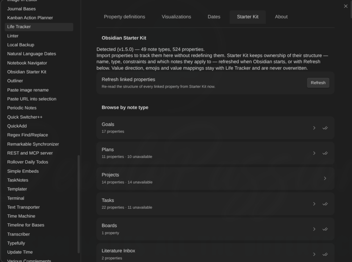 Life Tracker reading its property definitions from the Obsidian Starter Kit.