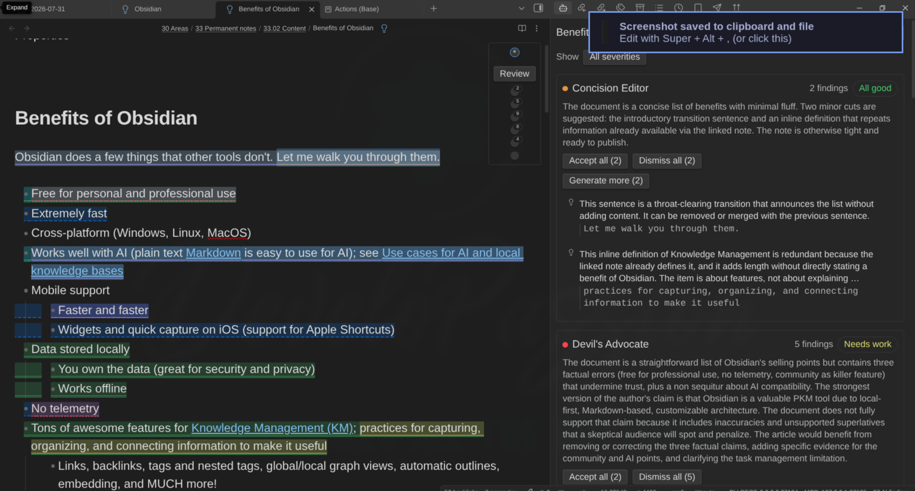 Findings anchored directly in the text, each tinted in its editor's color.