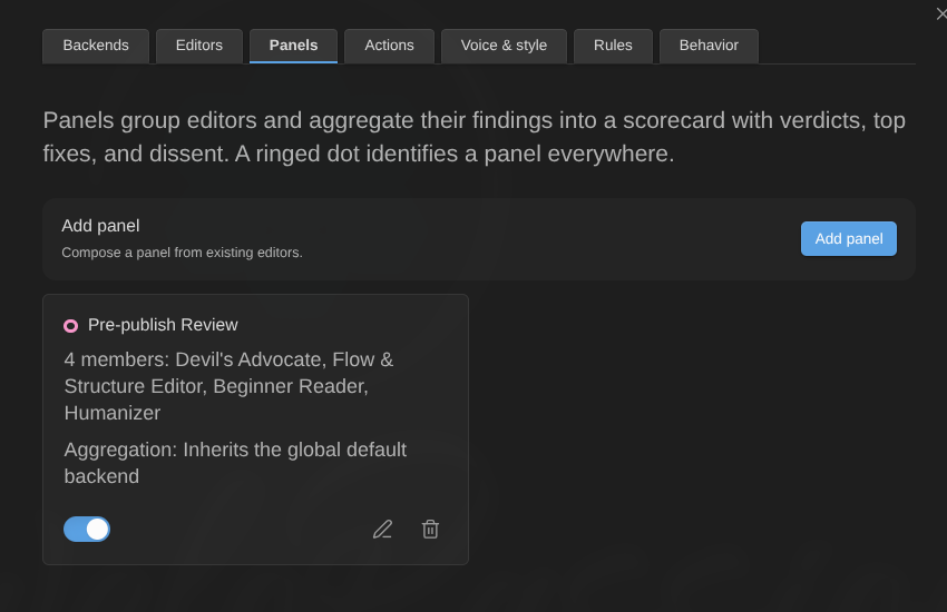Panels: groups of editors reviewing together.