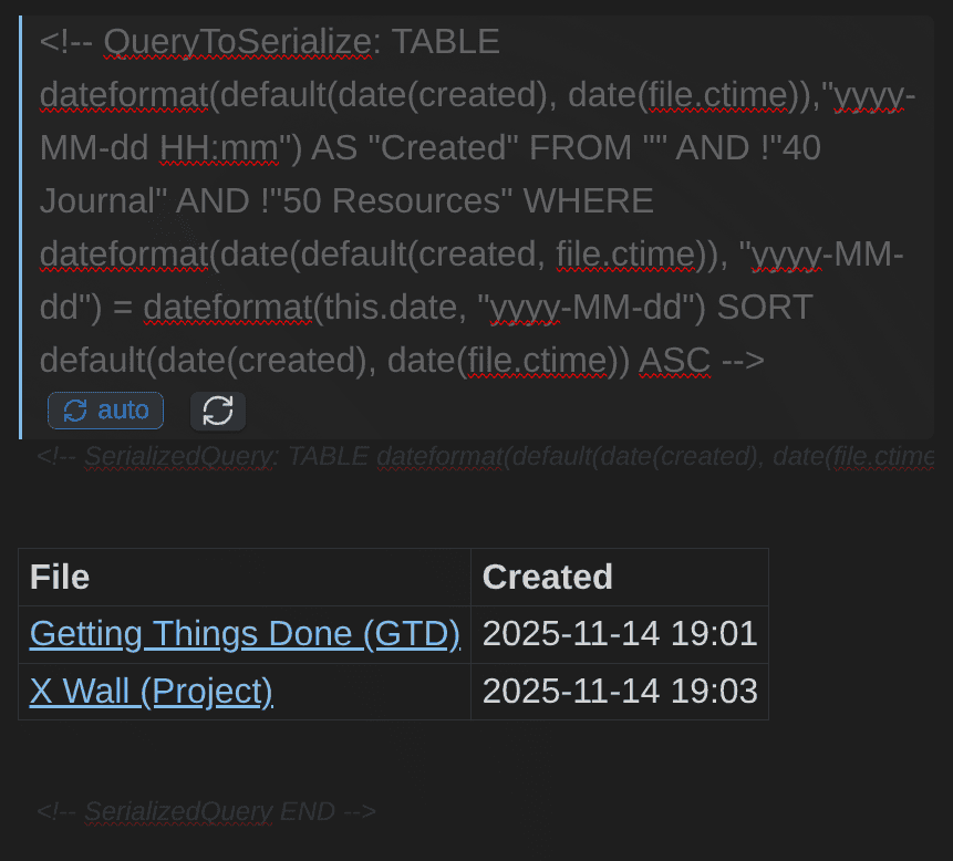 A serialized query in the editor: the `QueryToSerialize` comment holds the question, and the table below it is real Markdown written into the note.