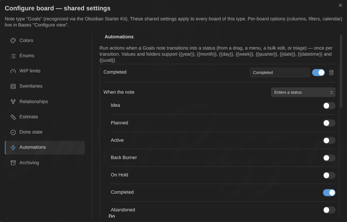 Automation rules, configured per note type.