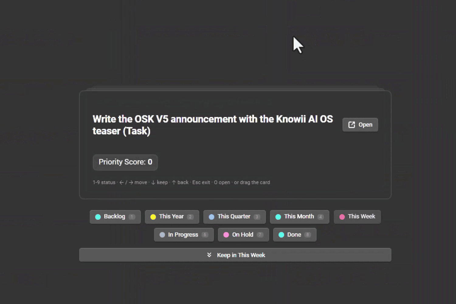 Triage mode shows one card at a time, with the destination statuses right below it.