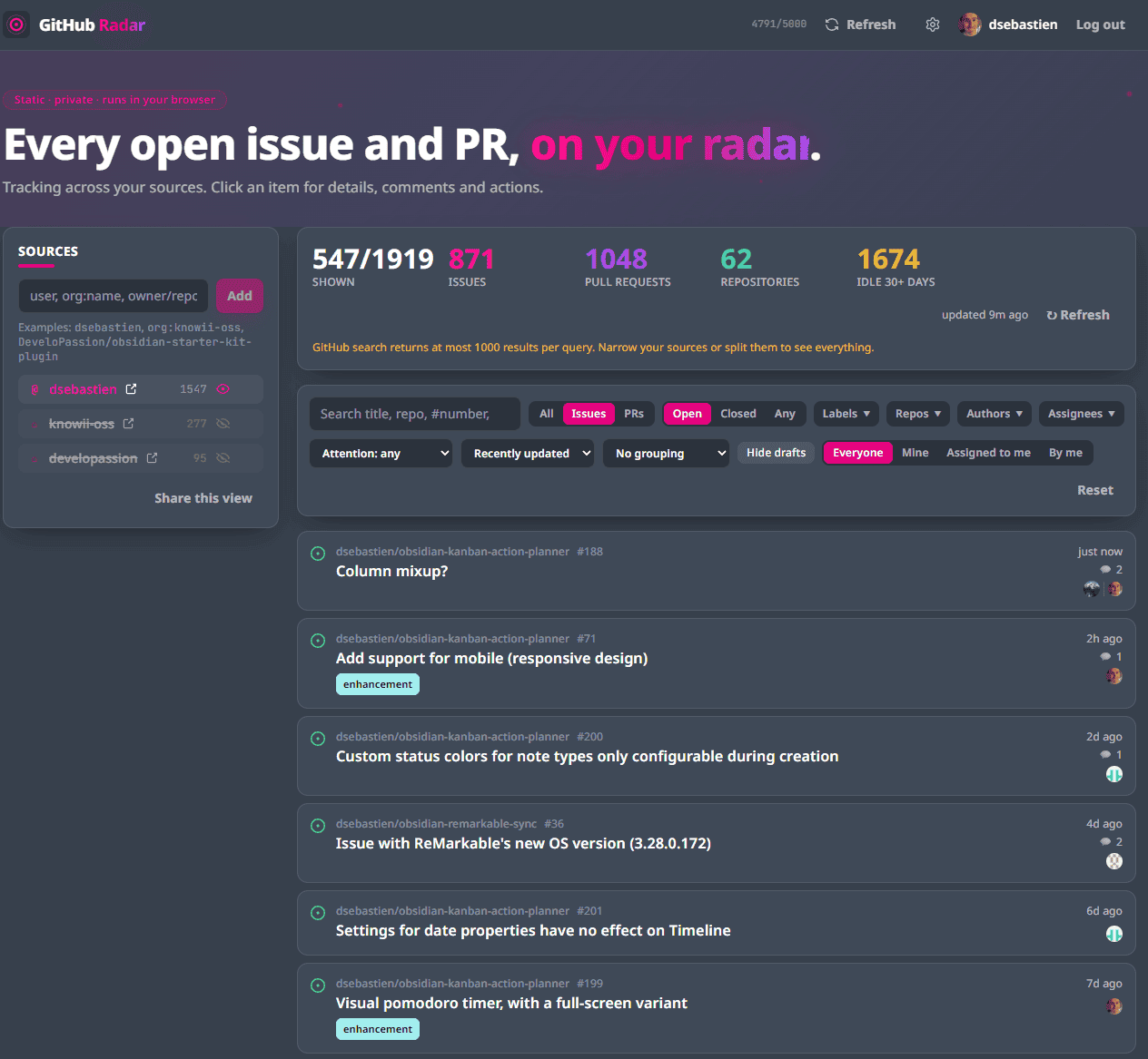 GitHub Radar, every open issue and pull request on one page