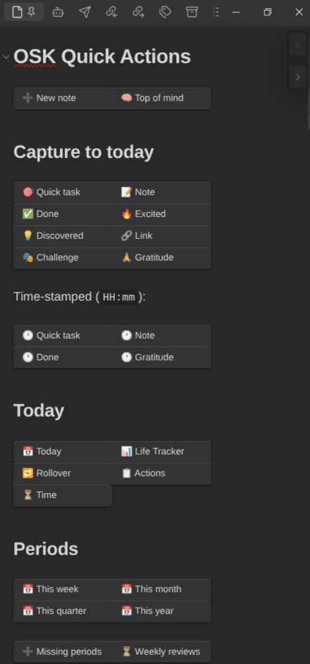 The OSK Quick Actions note, pinned in the sidebar.
