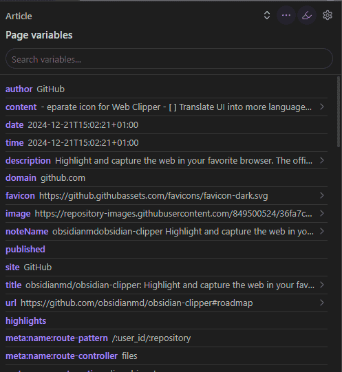 Obsidian Web Clipper - page variables list