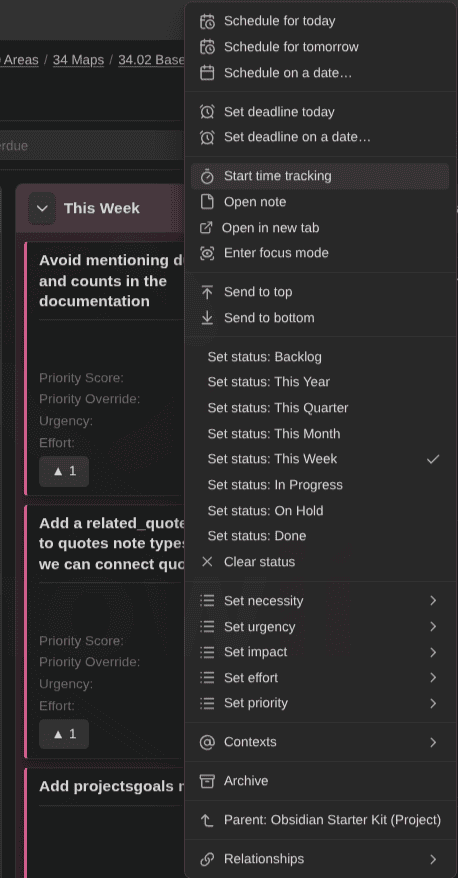 Right-click a card: the plugin only proposes the statuses defined for that note type.