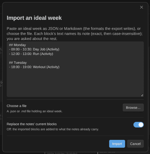 2026-09-10 - Kanban Action Planner plugin for Obsidian - import ideal week
