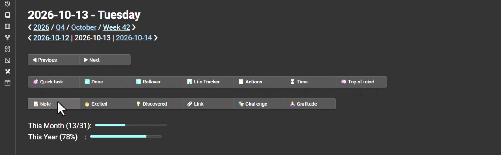 Navigation and capture buttons at the top of every daily note.