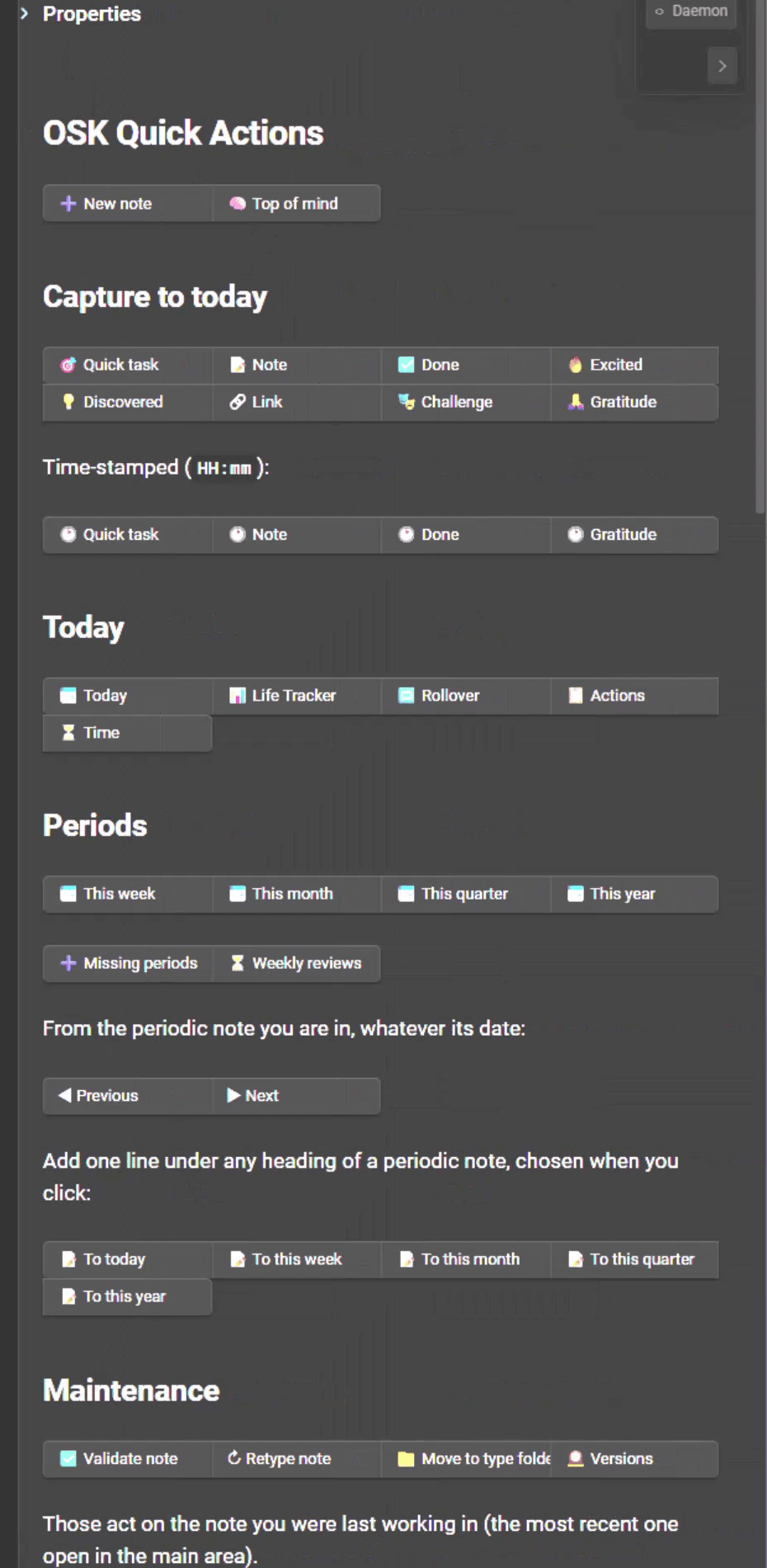 The OSK Quick Actions panel, pinned in the right sidebar.