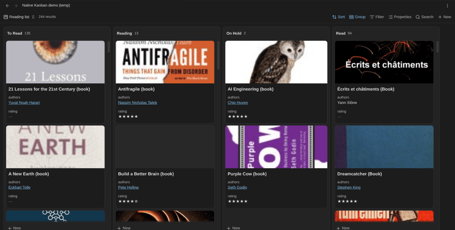 A native Kanban board in Obsidian 1.14: my reading list, grouped by status, with book covers.