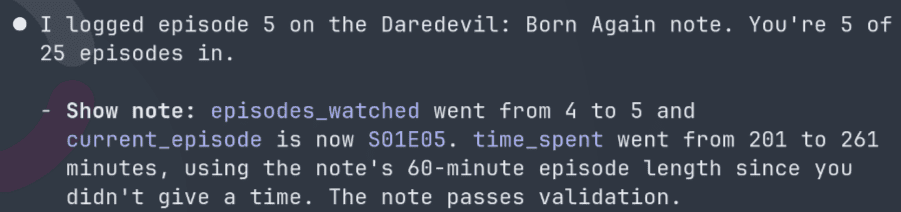 The AI assistant logging an episode on a TV show note