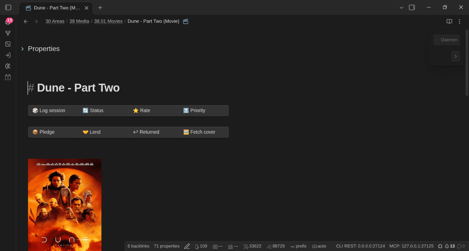 A movie note with its Quick Action buttons