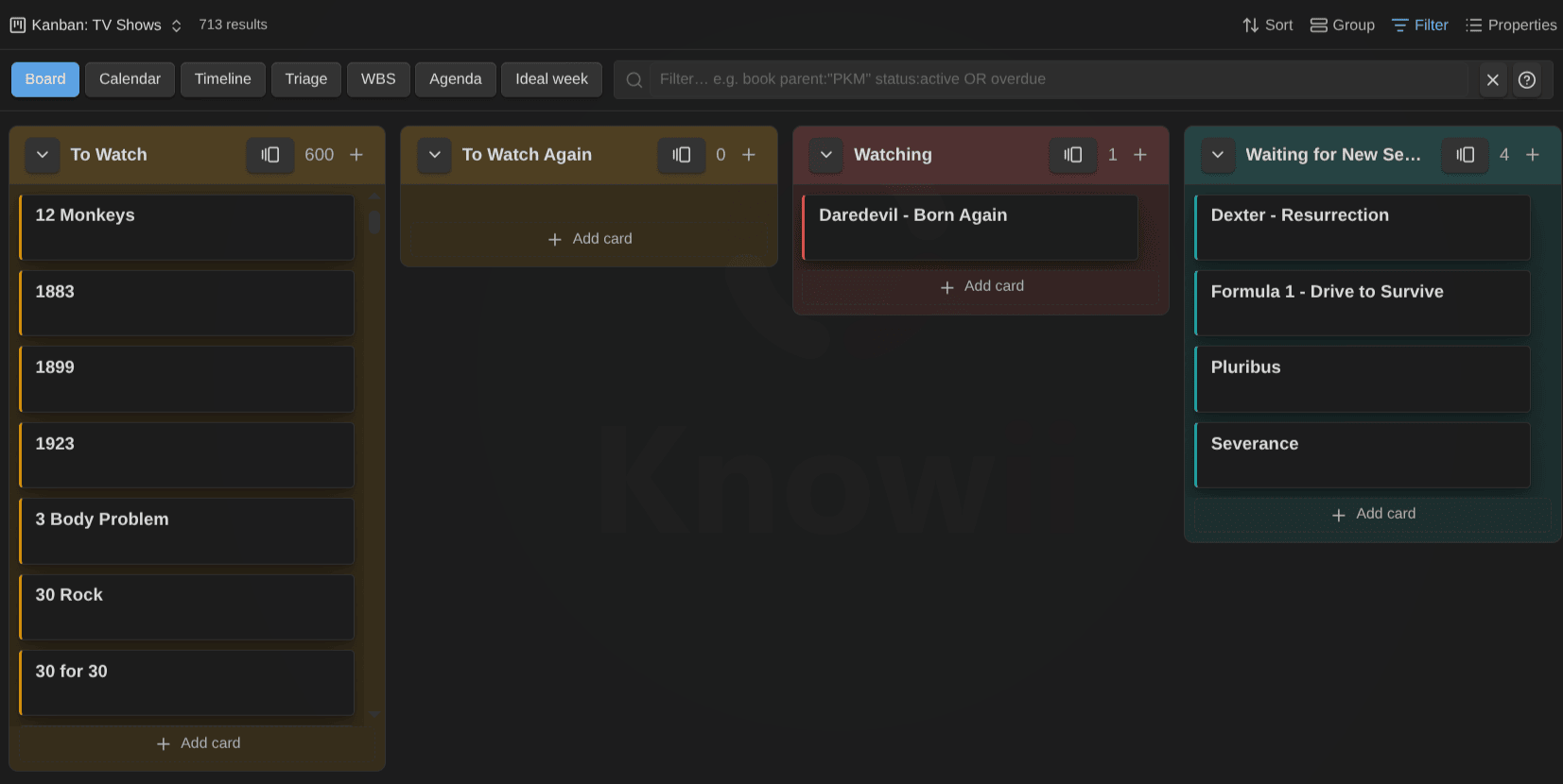 The Kanban board of the TV Shows Base