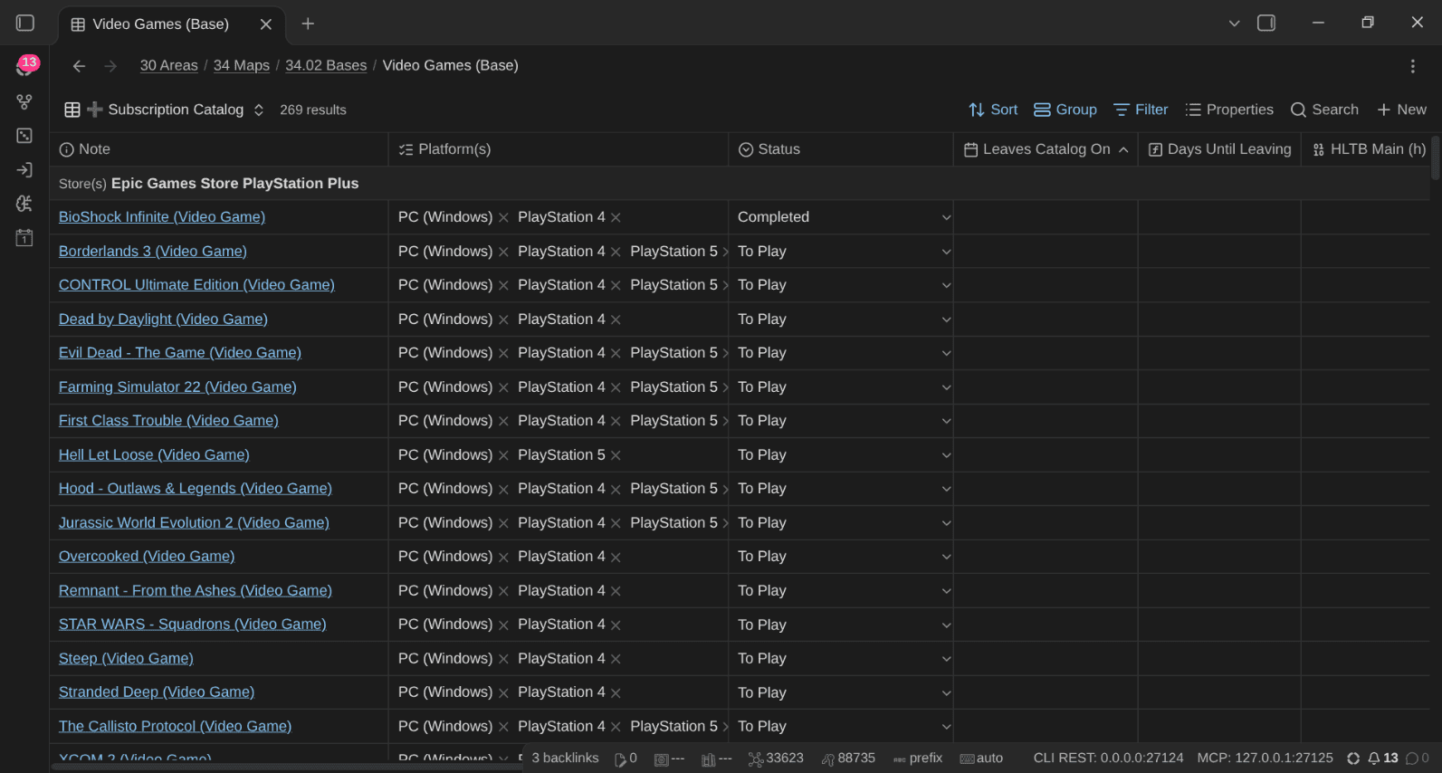 The Subscription Catalog view of the Video Games Base