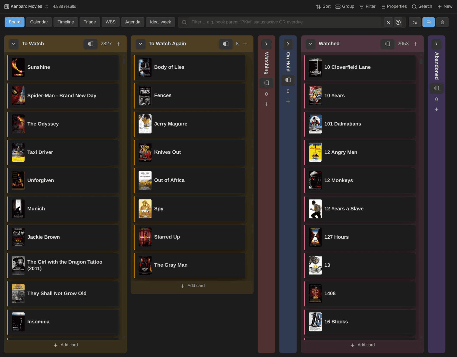 My Movies board in compact mode: 4,888 cards, 2,827 of them in To Watch