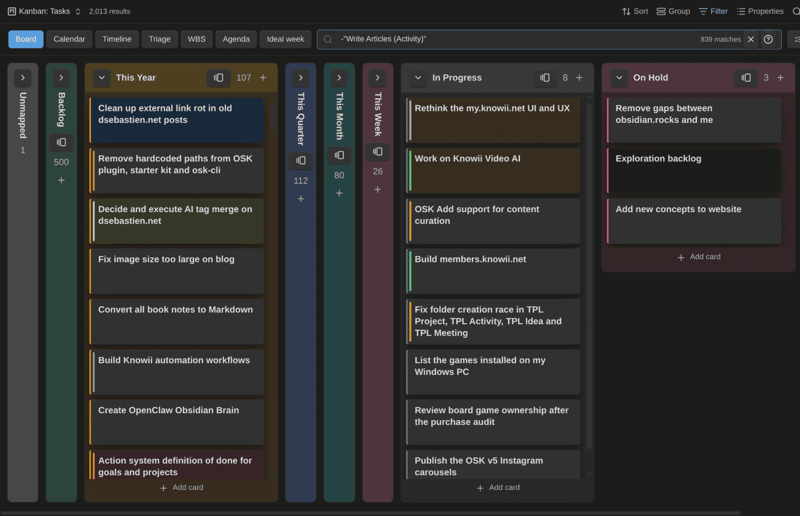 My Tasks board: the tint shows the priority, the stripe shows the project