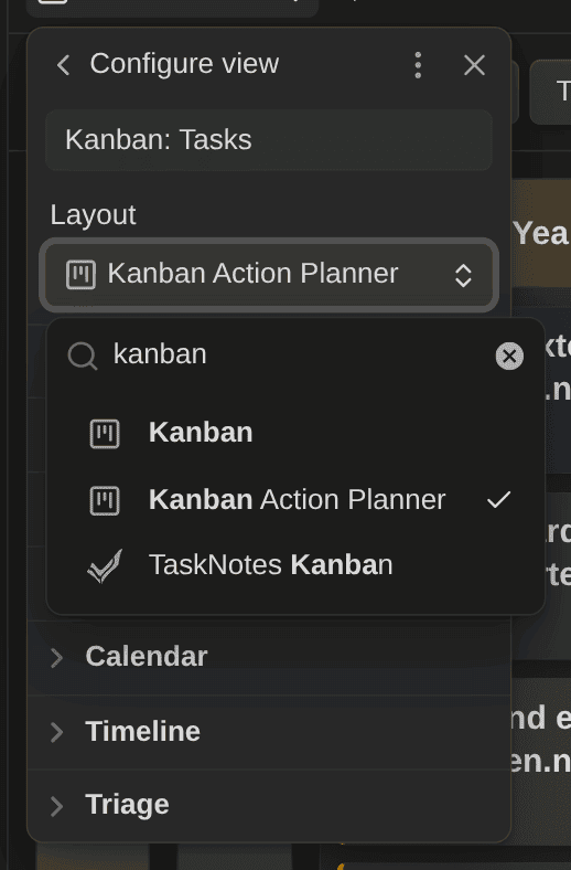Obsidian's own Kanban layout and the Kanban Action Planner, side by side in the view picker