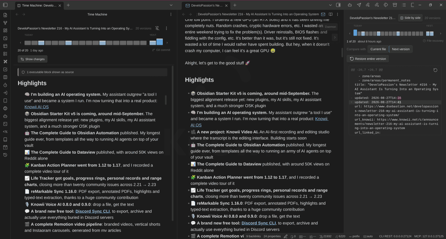 Time Machine's side-by-side view: the note as it was on the left, the live note in the middle, and the version rail with the diff on the right
