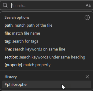 The Search view lists the main operators (and your recent searches) when the query is empty