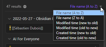 The sort options for search results: by name, modified time or created time, never by relevance