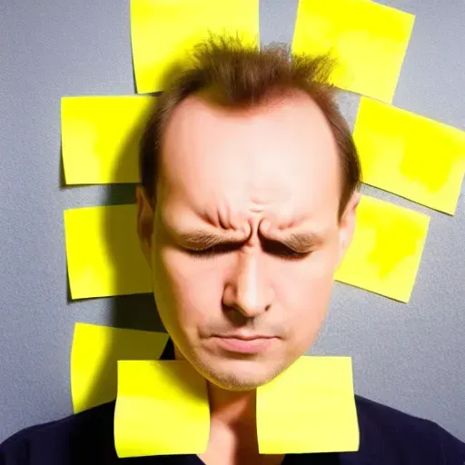 Man overwhelmed by sticky notes stuck to his head, illustrating a cluttered mind