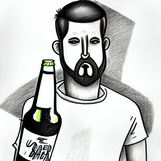 A worried bearded man holding a beer bottle, visualizing the health cost of alcohol