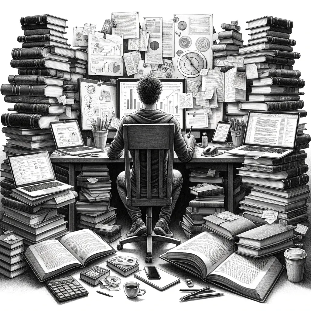 Knowledge worker surrounded by stacks of books and screens, drowning in information