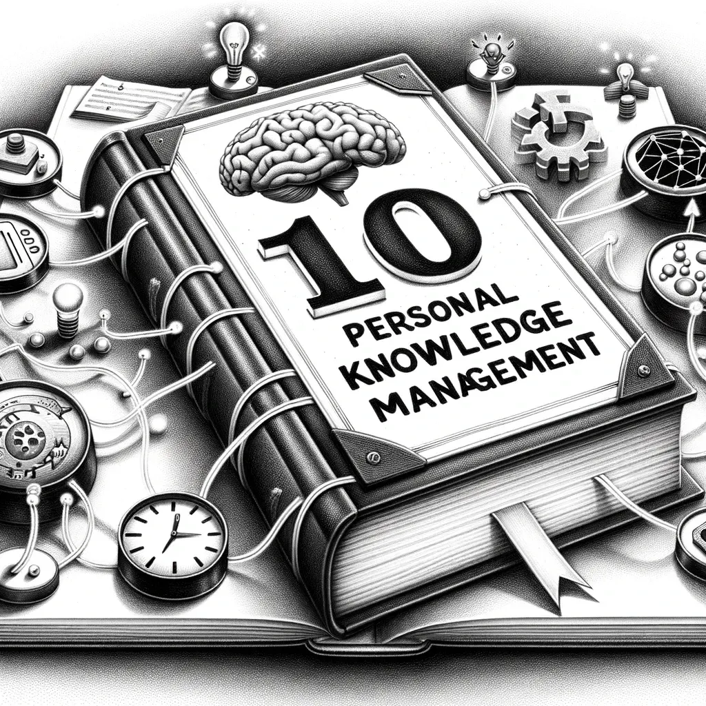Decorative brain-and-gears book cover for a top-10 roundup on Personal Knowledge Management