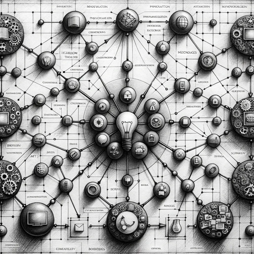 Dense graph of interconnected idea nodes around a central bulb, visual metaphor for a living knowledge network