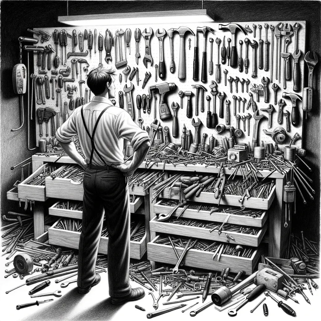 Person facing an overwhelming wall of tools, unsure which to pick