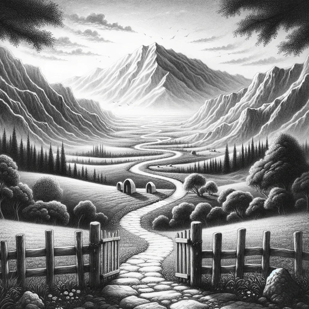 Open gate onto a winding path leading toward distant mountains