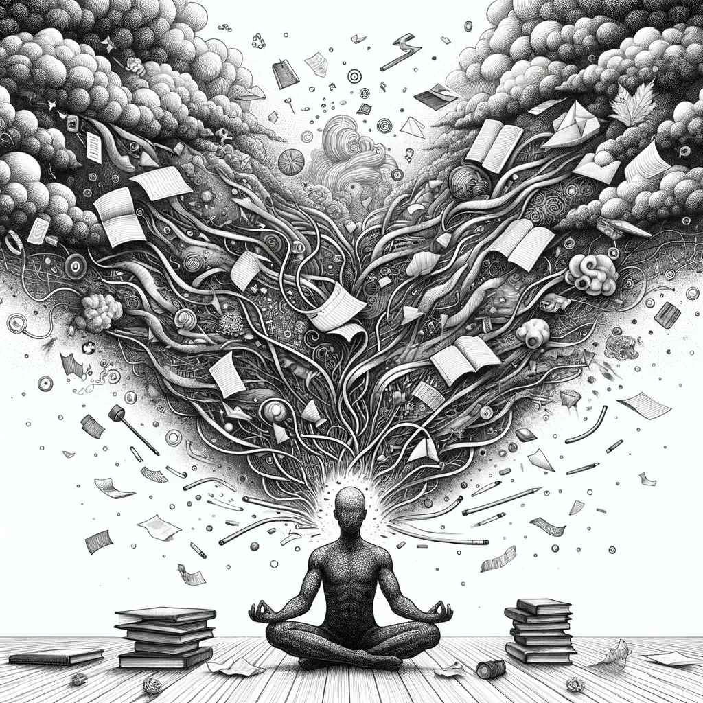 Meditating figure with thoughts, books and tasks swirling into storm clouds above