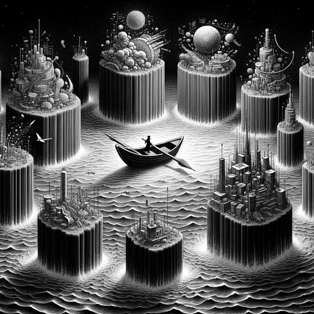 Illustration of isolated floating islands, each a separate information silo cut off from the rest
