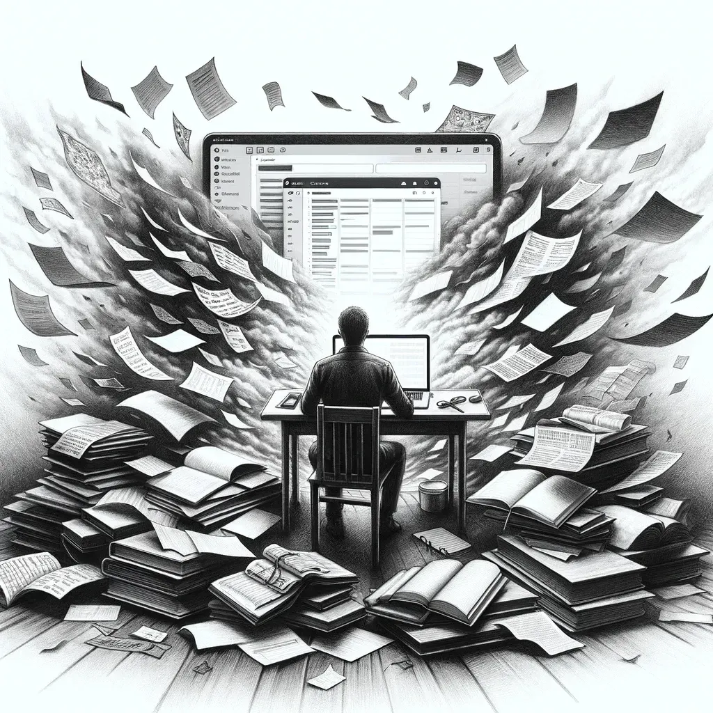 Person at computer surrounded by swirling papers, finding structure amid information chaos