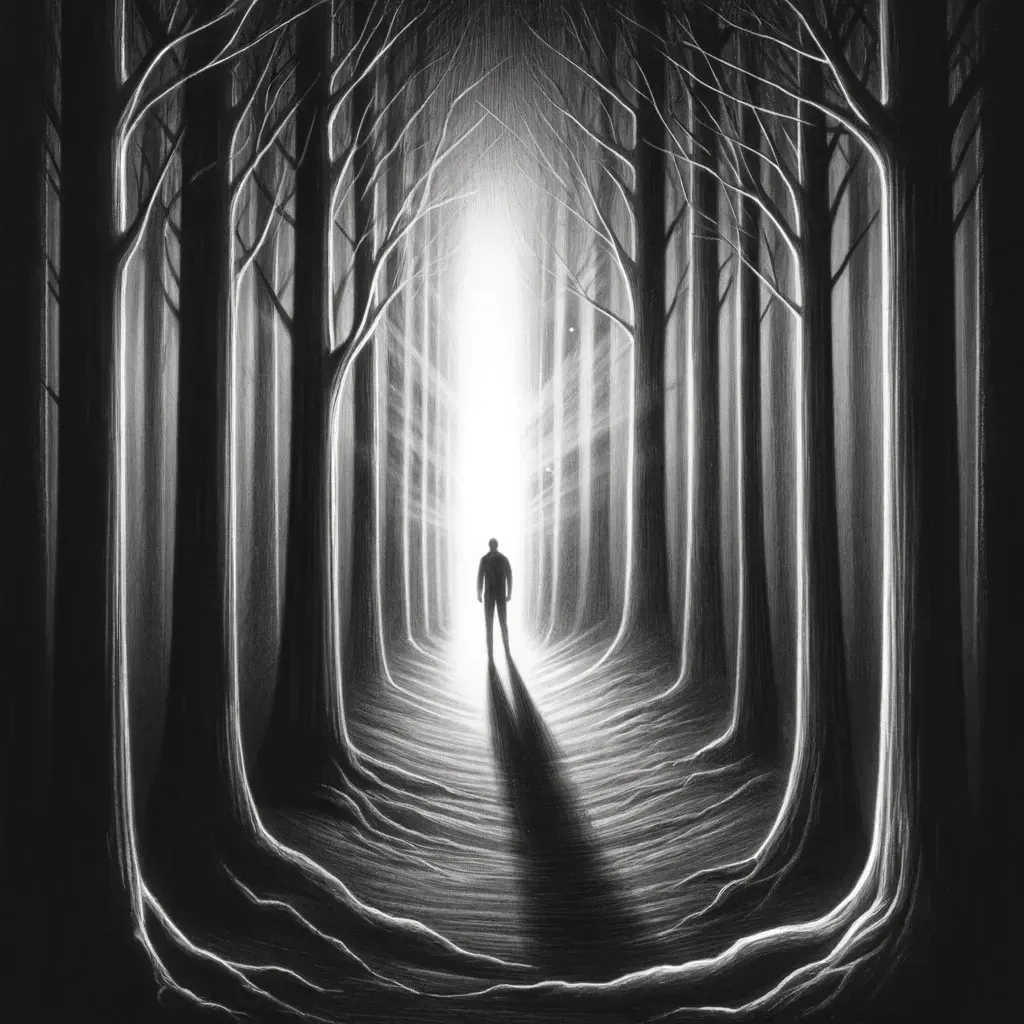 Lone figure walking toward distant light through a tunnel of dark trees, a metaphor for emerging from depression