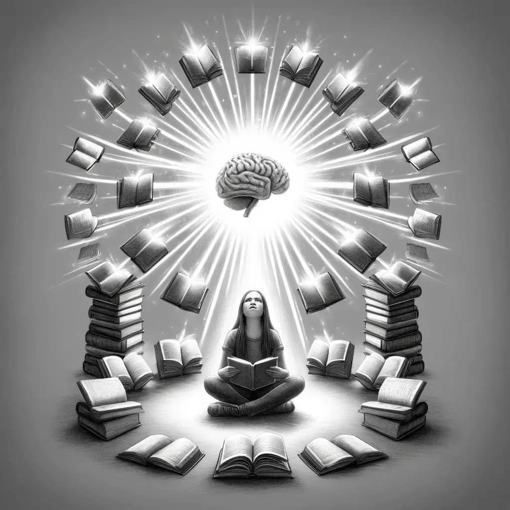 Learner seated amid swirling books and a glowing brain, evoking self-directed learning