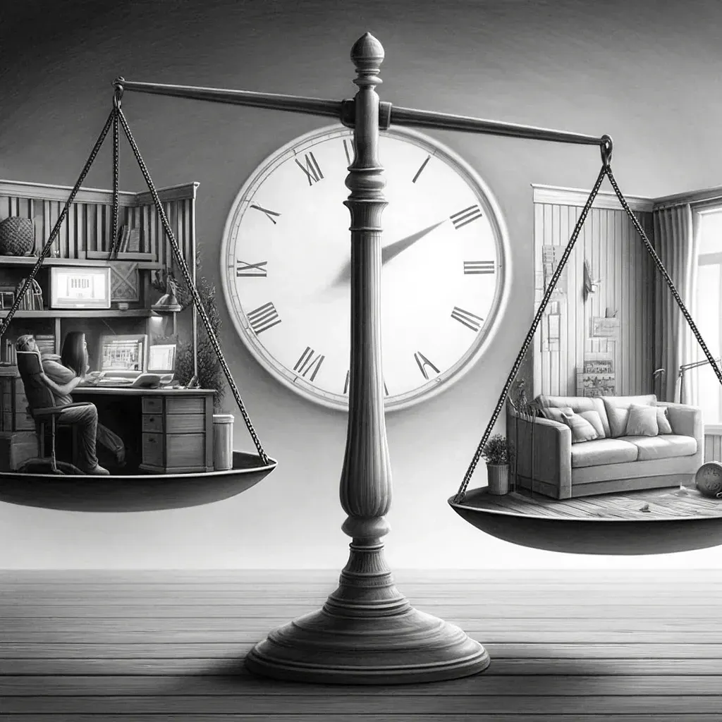 Balance scale weighing a home office against a living room under a clock, evoking work-life balance