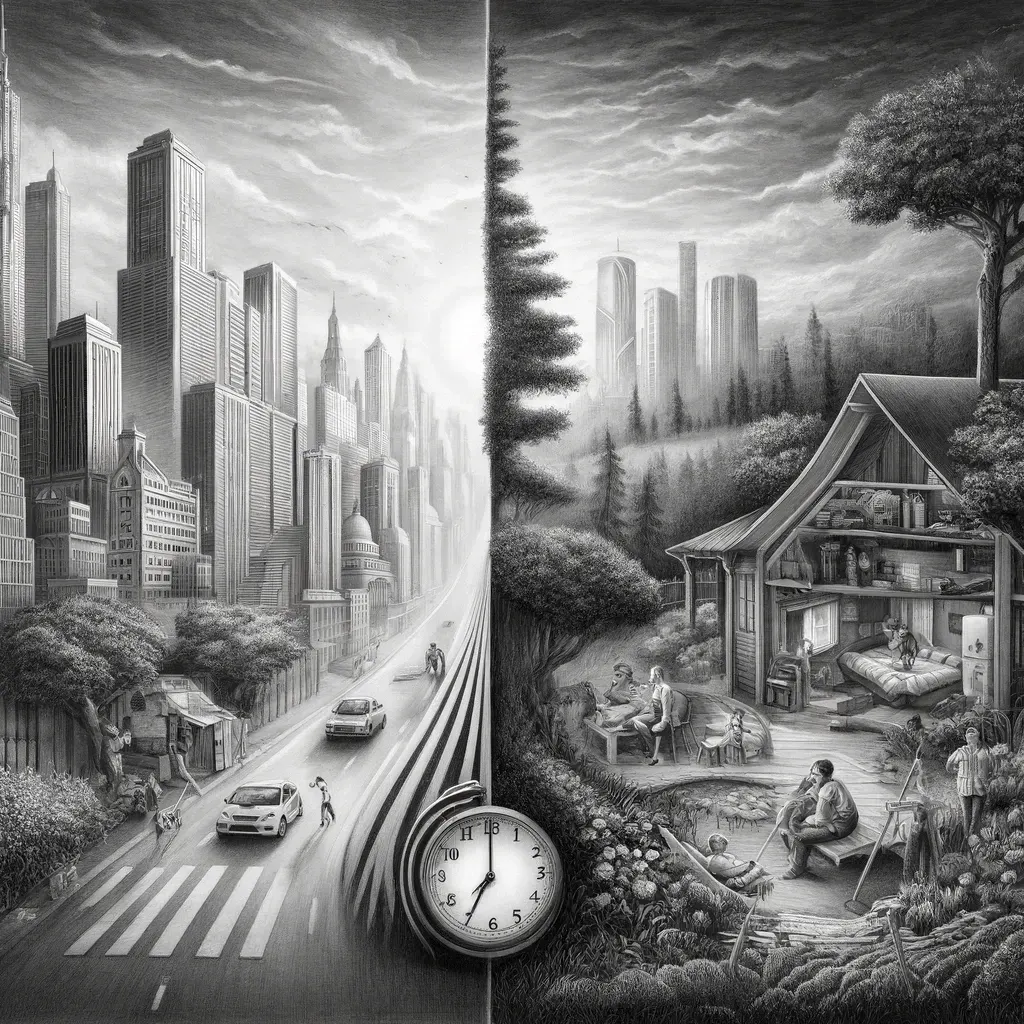 Split scene of a frantic city and a calm countryside home, evoking the choice between overwork and balance