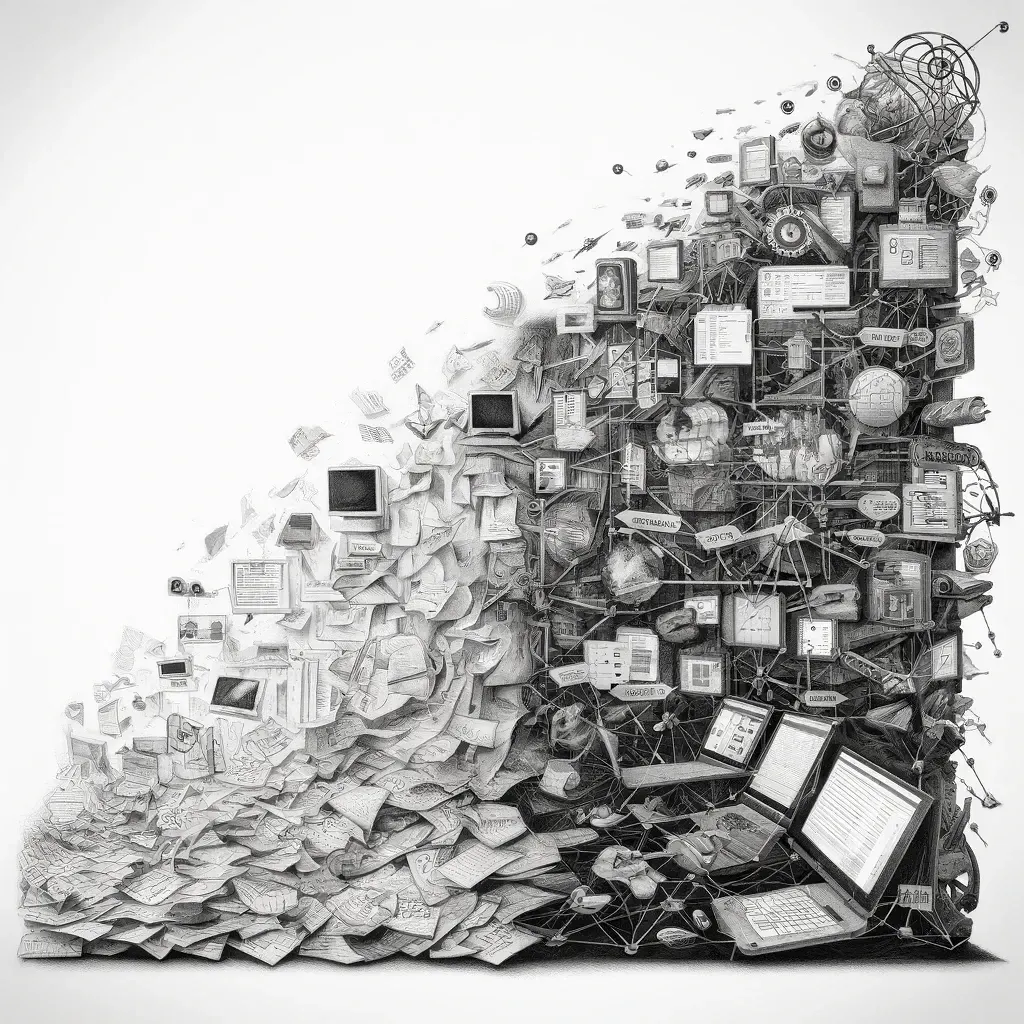 A towering avalanche of loose papers, screens, and linked notes, depicting 25 years of accumulated knowledge