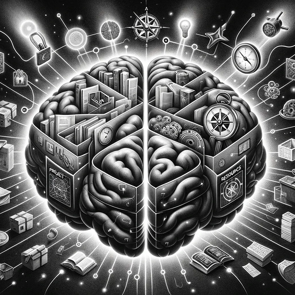 A brain divided into four labeled chambers for Projects, Areas, Resources, and Archives: the PARA method
