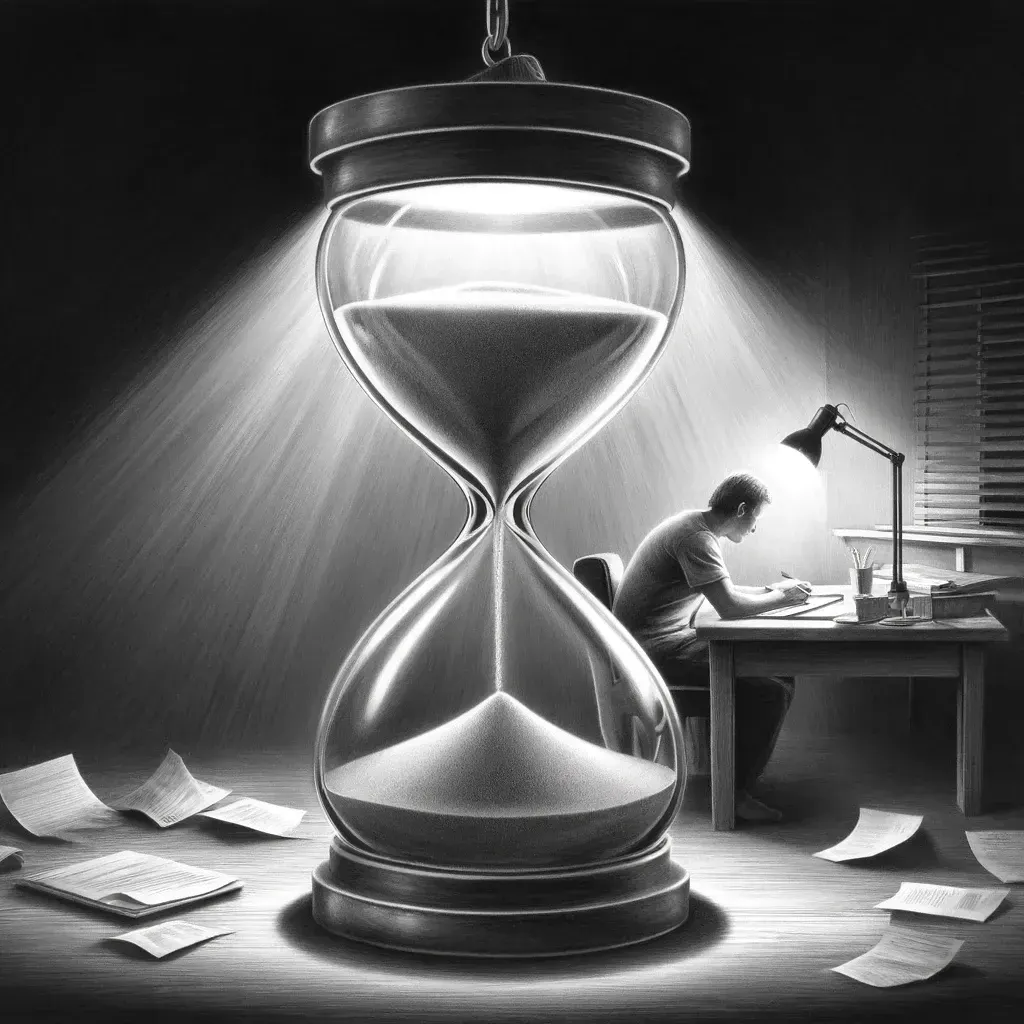 A giant hourglass beside a person working late under a lamp, illustrating that time is running short
