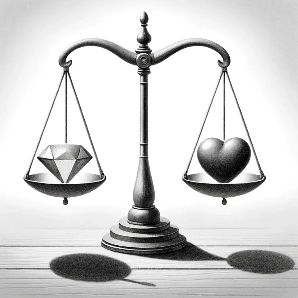 A balance scale weighing a diamond against a heart, the tension between quality and user satisfaction